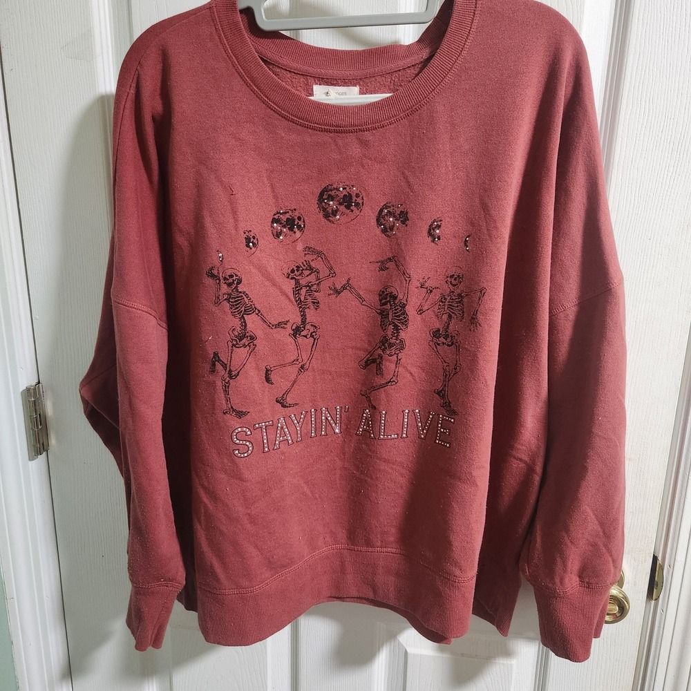 Maurices Stayin Alive Dancing Skeleton Moon Sweatshirt Rust 3X Halloween Top
